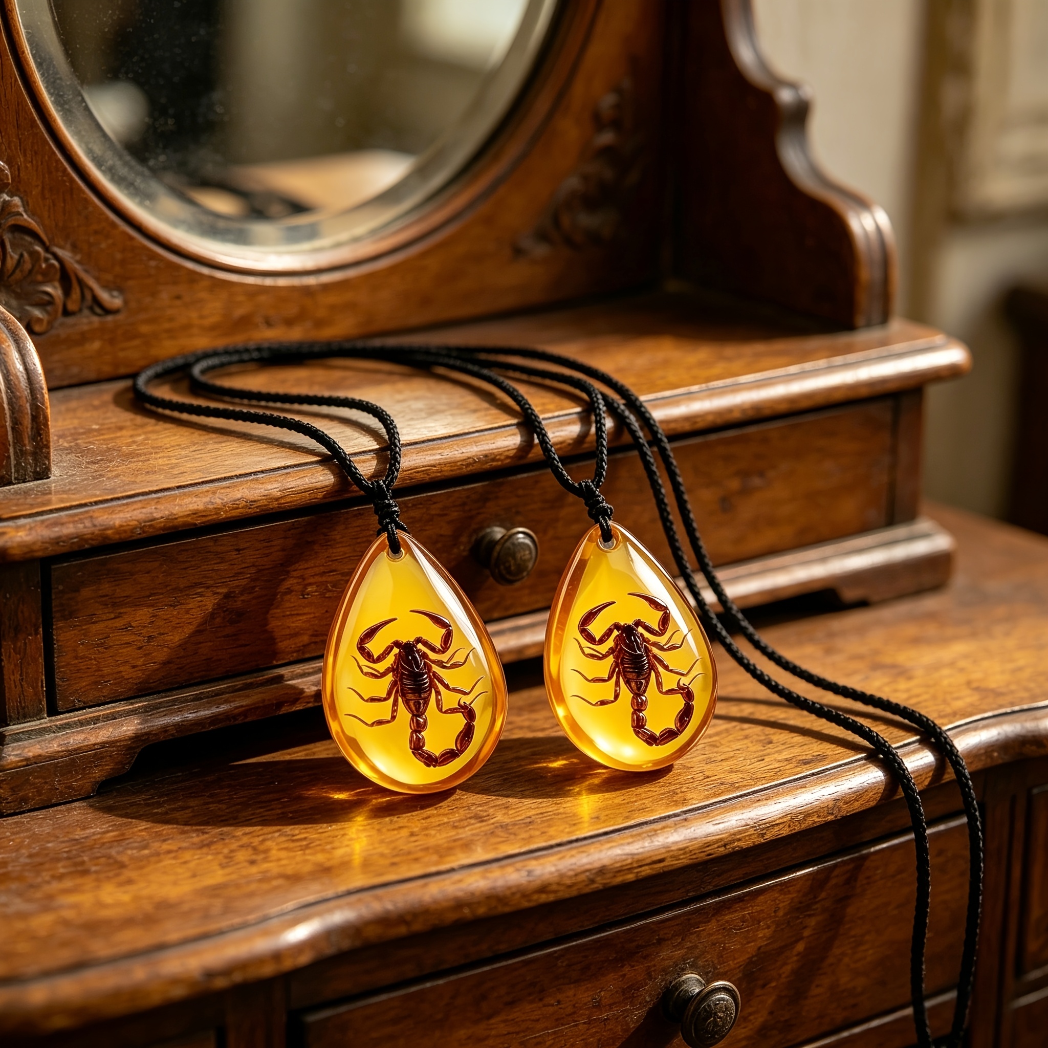 2pcs Imitation Amber Scorpion Pattern Pendant Necklace Set, Unisex