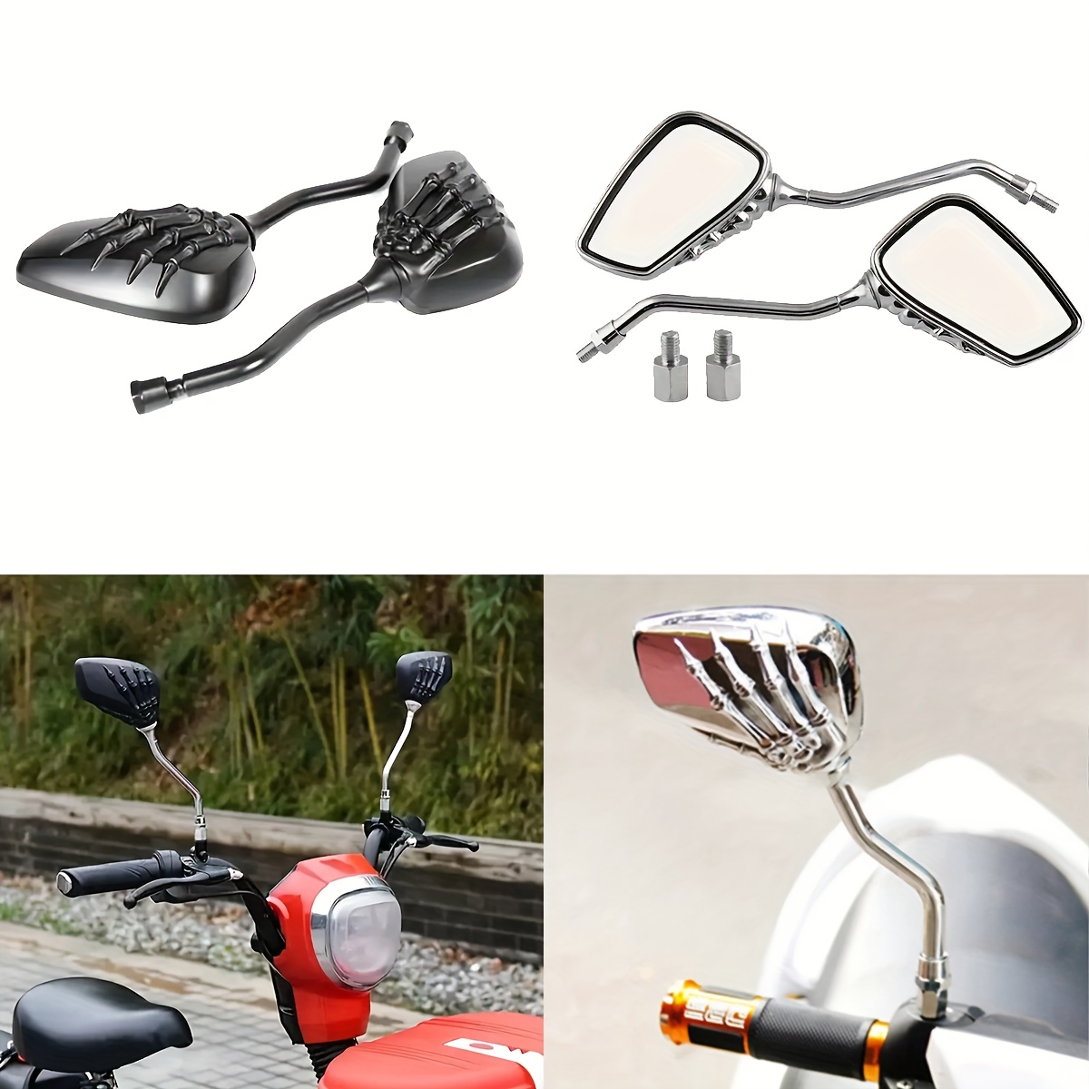 motorcycle rearview mirrors skull   black glossy   edgy claw like grip flat rectangular shape   for all bikes bike rearview mirrors skull hand grip intricate design Product details 2