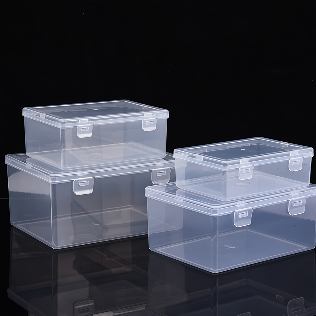 

Clear Plastic Storage Boxes Set: 1 Large And 3 Smaller Sizes, Perfect For Organizing Office Supplies, Crafts, Or Electronics