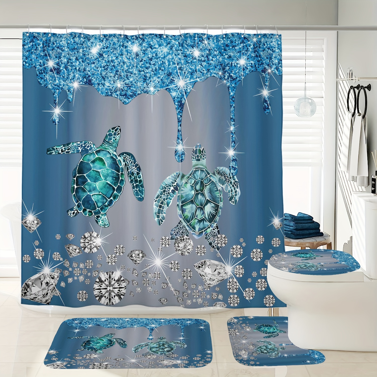 

1/3/4pcs Diamond Pattern Shower Curtain Set, Shower Curtain 12 , Bath Mat, U-shaped Mat, Mat, Bathroom Accessories