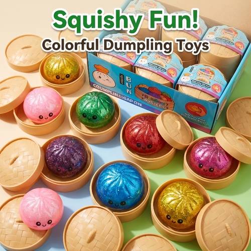 3pcs Set Random(1 Bun+ 1Lid+1Base)Mini Cute Dumpling Stress Balls with Steamer Box, Kids Multi-Item Party Favor Packs, Colorful Slow Rising Squeeze Fidget Toys, Hand Relax Desk Toy, Kids Birthday Gift