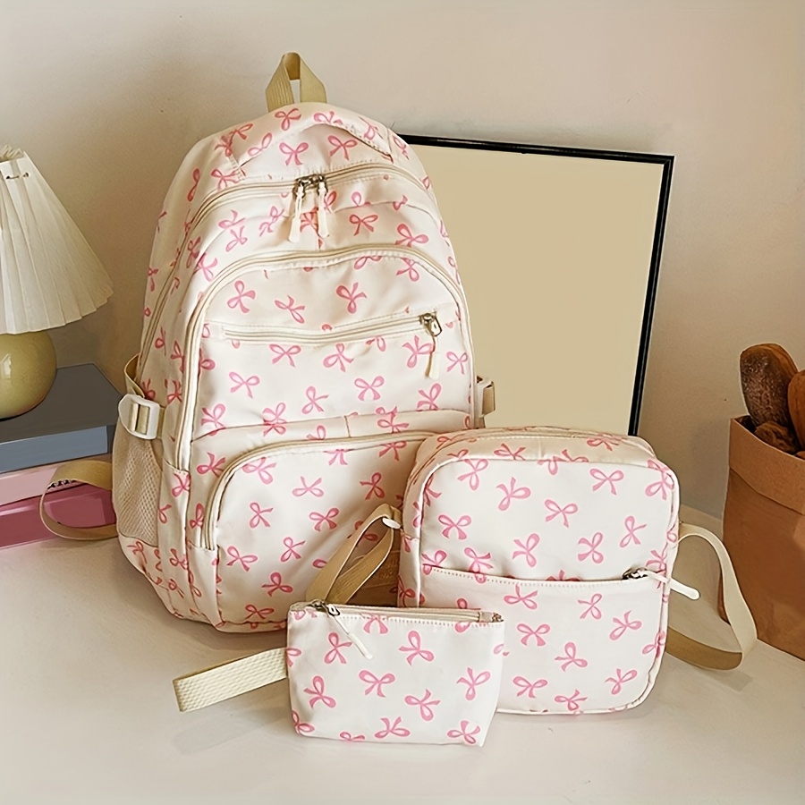 TEMU 3pcs Backpack With Bow Print, Casual Backpack, Large Capacity, Minimalist Backpack, Lunch Bag, Diagonal Hanging Bag, 3pcs Set Combination, Gift,