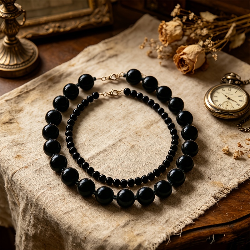 TEMU 2pcs, Contrast Size Round Bead Double Layer Necklace, Stackable Short Neck Jewelry, Bohemian 1 Large 1 Double Layer Bead Necklace, Easy Commute