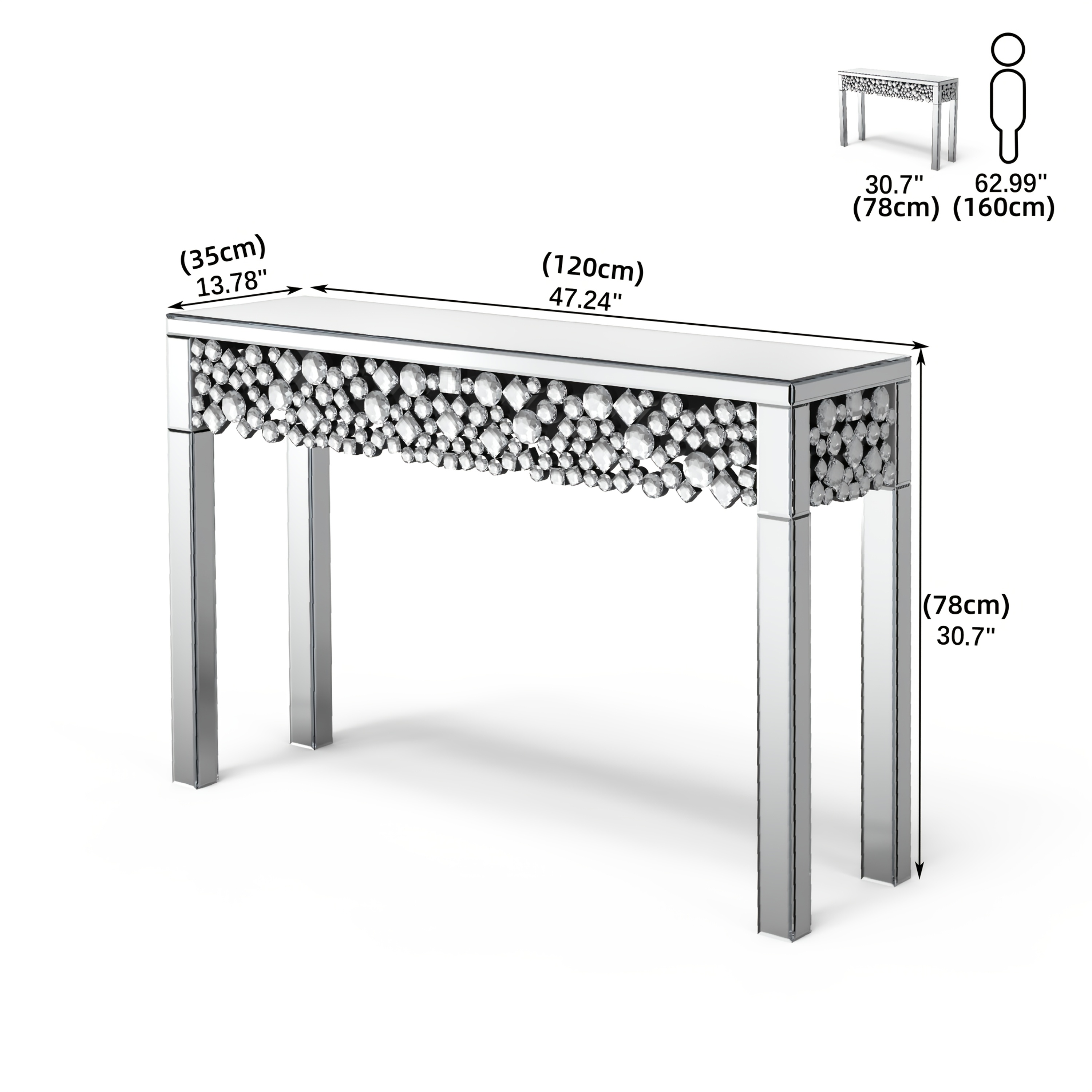 Luxury Entryway Table Measuring 47.24 Inches, Featuring a Glamorous Mirrored Design with Crystal Details, Perfect for Modern Home Decor in Hallways