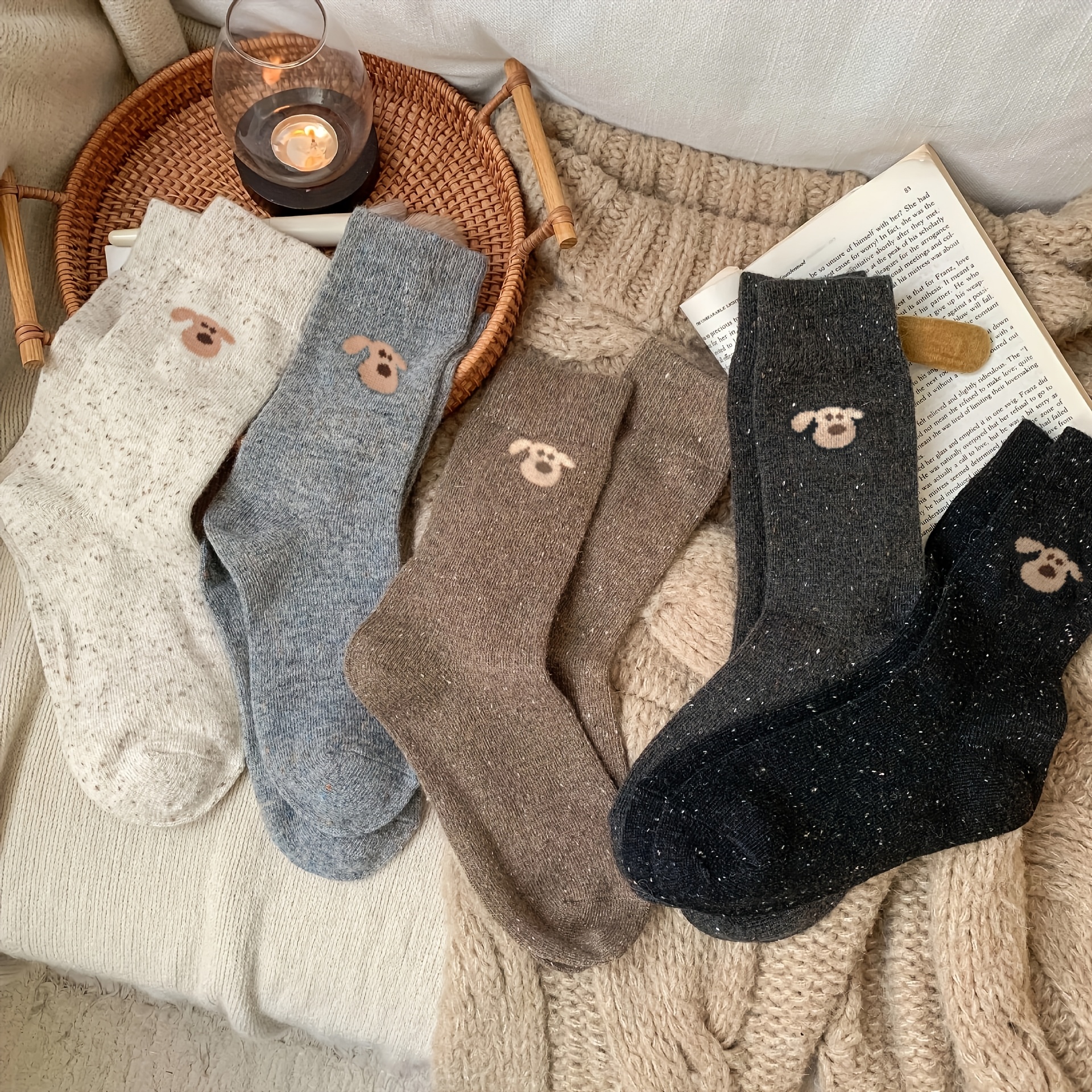 Image of 5 Pairs Of Coffee Color Yarn Thick And Warm In Autumn And Winter Korean Cute Puppy Stockings.