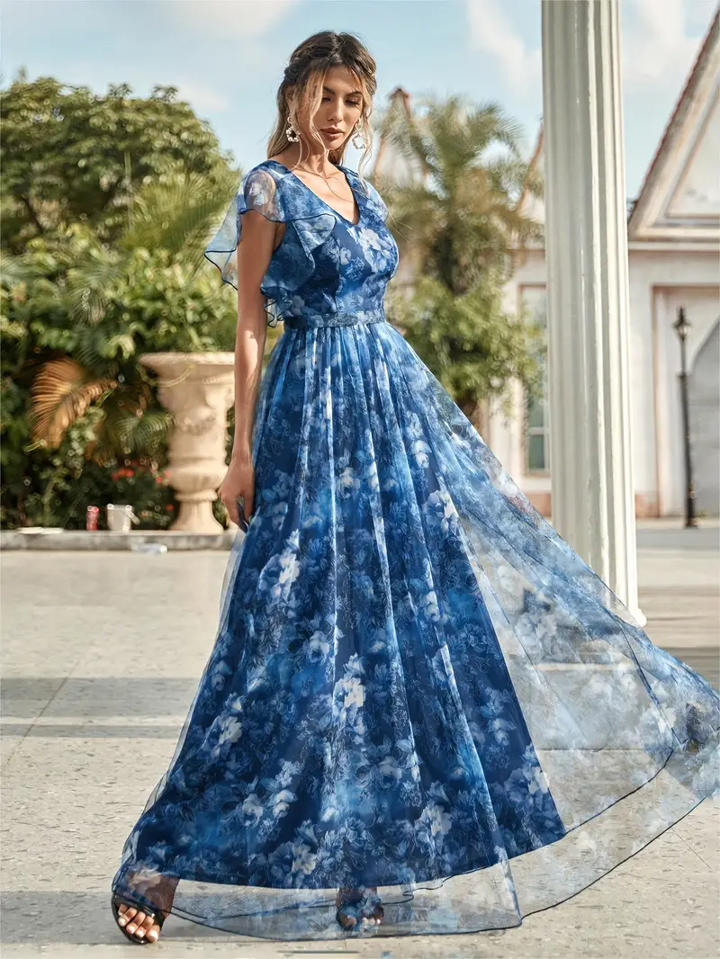elegant womens deep v neck bridesmaid dress with short sleeves floral print lace trim satin mesh overlay ruffle hem a line long skirt weddings and formal events wedding guest attire floral print dress Product details 1