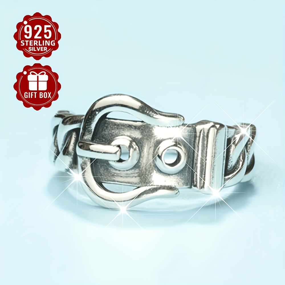 Vintage Hip Hop Belt Buckle Style Open Ring S925 Sterling Silver Adjustable