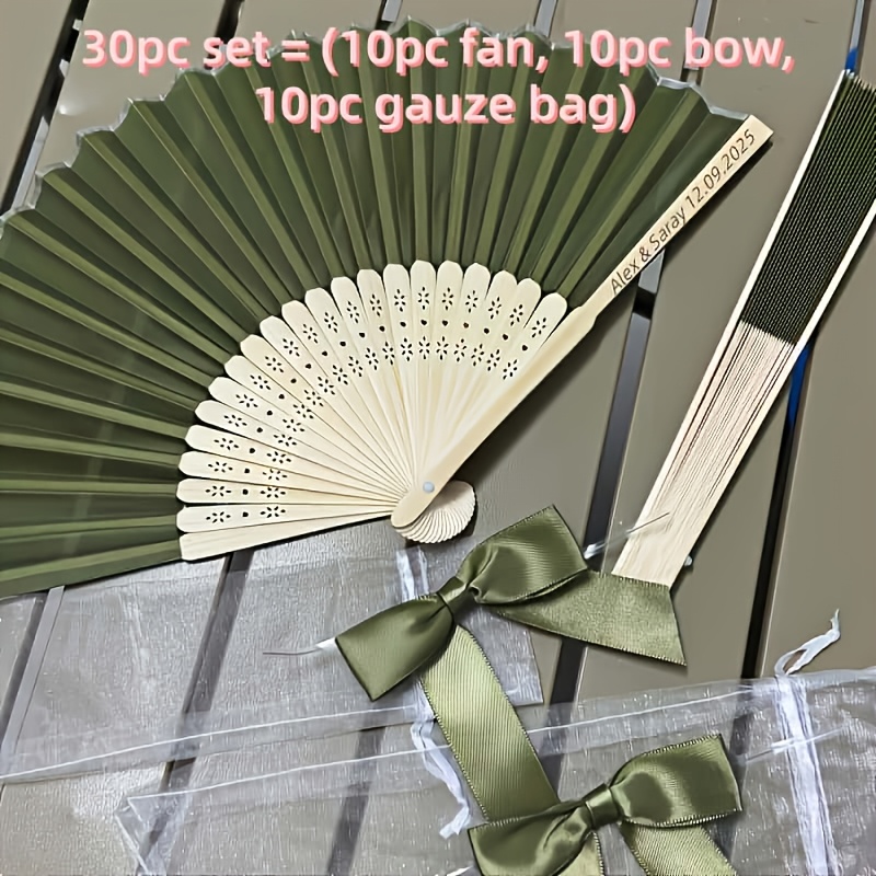 TEMU 30pcs Set = Includes 10 Fans + 10 Mesh Bags + 10 Decorative Bows. Elegant Bohemian-style Wedding Fans - Customizable With Names And Dates,