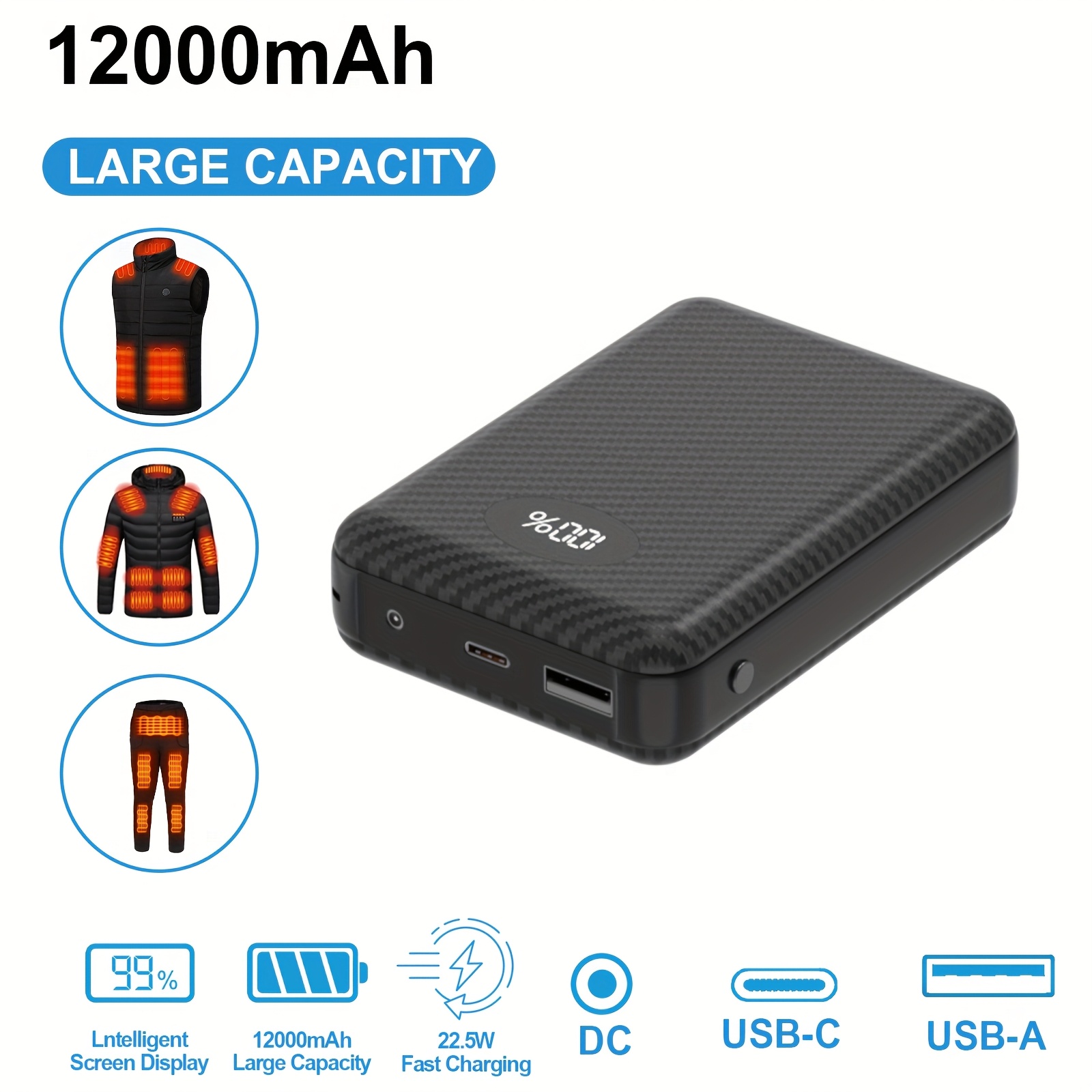 

12000mah Battery Pack For Vest-5v/7.4v Rechargeable Power Bank With Led Display And /usb For Jacket, Hoodie And Pants, 22.5w Fast Charging Powerbank Compatible With Smartphones, Tablets And More