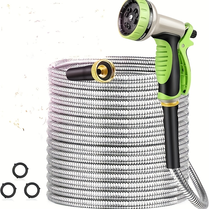 

50ft Heavy-duty Stainless Steel Garden Hose With Nozzle - Flexible, Kink & -free, Puncture Resistant For Yard And Outdoor Use