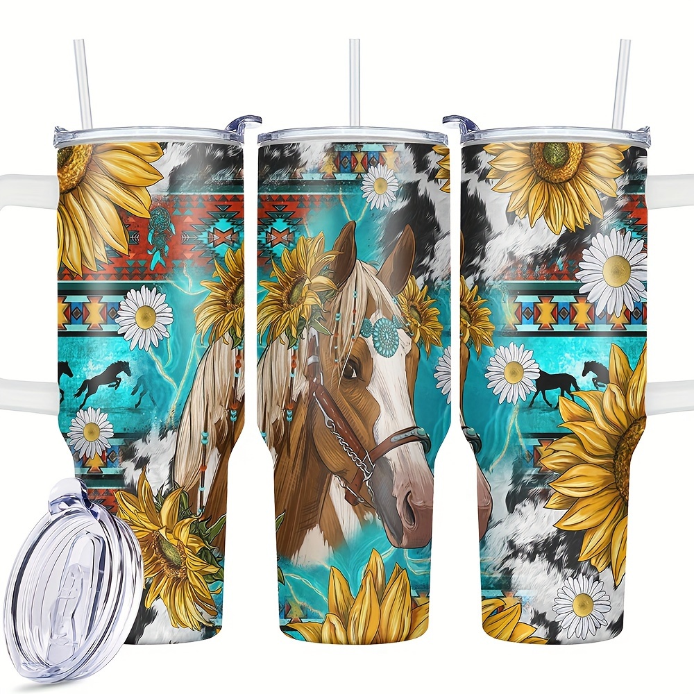 

1pc, Sunflowers Tumbler With Lid, 40oz Stainless Steel Insulated Water Bottle With Handle, Portable Drinking Cups, For Car, Home, Office, Summer Drinkware, Travel Accessories, Birthday Gifts