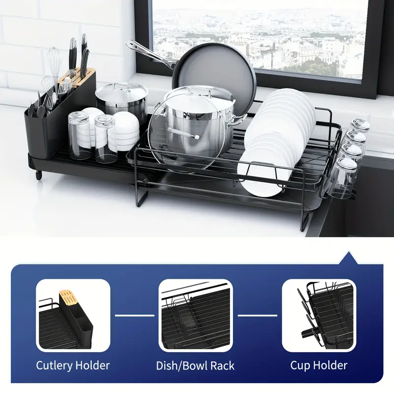 adjustable extendable shelves dish drying rack 19 2 26 7 stainless steel fingerprint anti slip silicone caps cutlery cup shelves countertop for kitchenware organization Product details 5