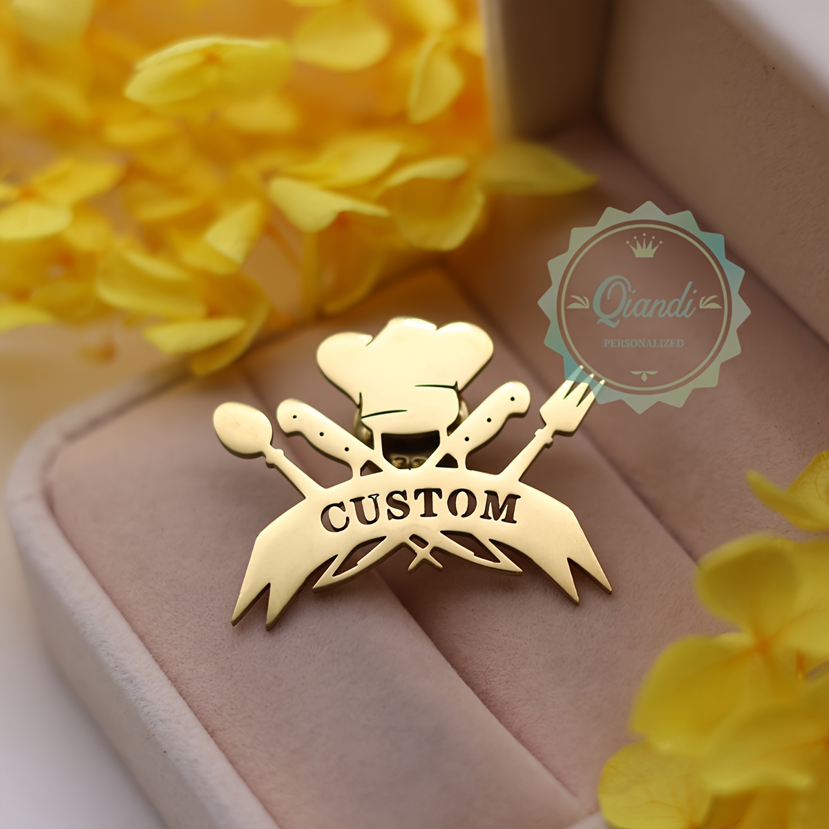 Image of Customizable Name Brooch - Vintage Stainless Steel Personalized Lapel Pin With Chef Hat And Cutlery Design, Unisex Vintage Jewelry Gift