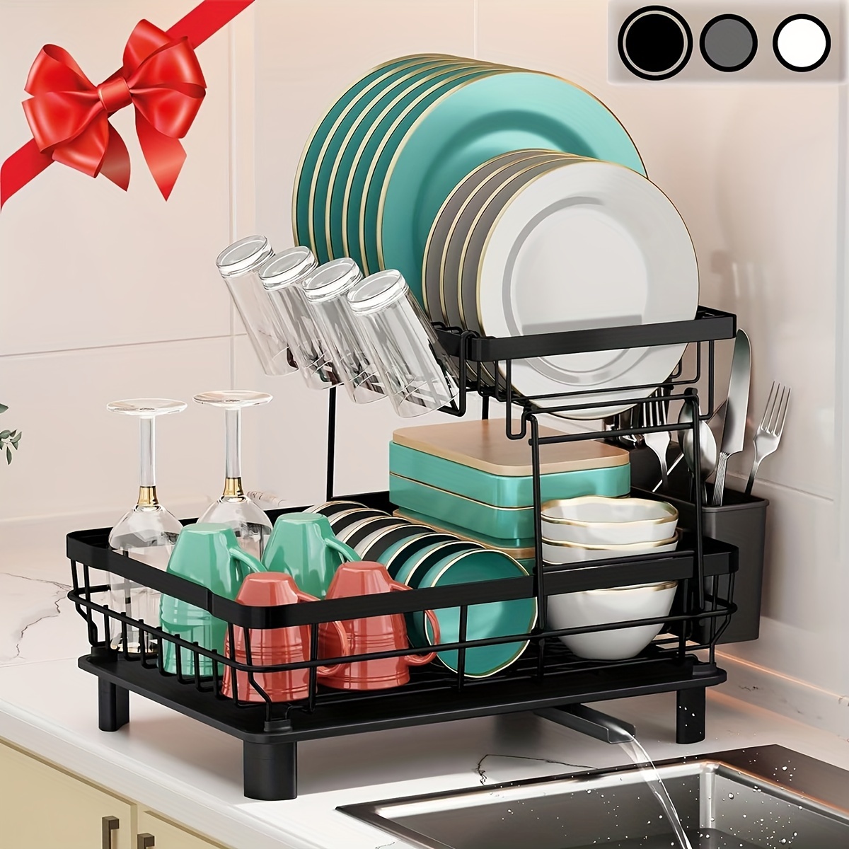 TEMU Dish Drying Rack, 2-tier Dish Racks For Kitchen Counter, Large Capacity Dish Rack With Removable Utensil Holder, Dish Drying Rack With And Kitchen Sink