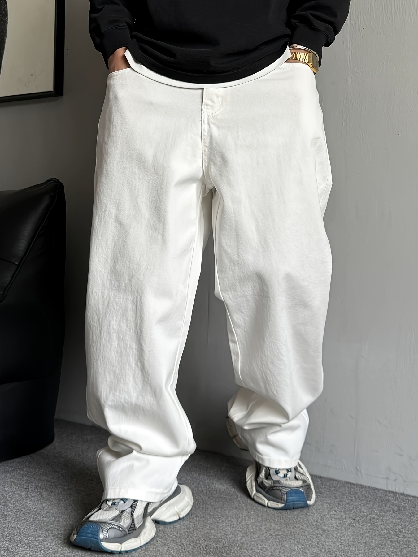 mens high waisted denim non stretchy wide leg pants Temu Saudi