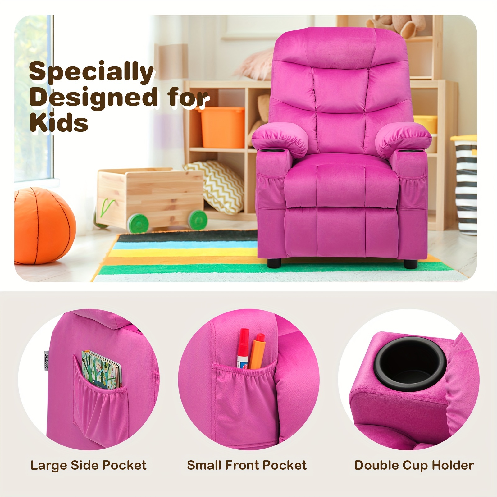 Girls' Pink Velvet Recliner Chair with Cup Holder & Storage Pocket - Heavy-Duty 300lb Capacity, Ergonomic Backrest & Armrests, Manual Recliner with Safety Belt - Modern Soft Cushioned Lounge Chair for Kids & Teens, Easy Assembly, Ideal for Bedroom, Living Room, Home Theater - Durable Wood Frame & Fabric, Ideal Gift for Girls 3-12 Years (Pink, Purple, Black, White, Grey Available), Lounge Chair for Teens, Comfortable Sitting, Playroom Seating, Stylish Recliner, Highcapacity Recliner, ' 13 Girls' Pink Velvet Recliner Chair with Cup Holder & Storage Pocket - Heavy-Duty 300lb Capacity, Ergonomic Backrest & Armrests, Manual Recliner with Safety Belt - Modern Soft Cushioned Lounge Chair for Kids & Teens, Easy Assembly, Ideal for Bedroom, Living Room, Home Theater - Durable Wood Frame & Fabric, Ideal Gift for Girls 3-12 Years (Pink, Purple, Black, White, Grey Available), Lounge Chair for Teens, Comfortable Sitting, Playroom Seating, Stylish Recliner, Highcapacity Recliner, ' - Image 13