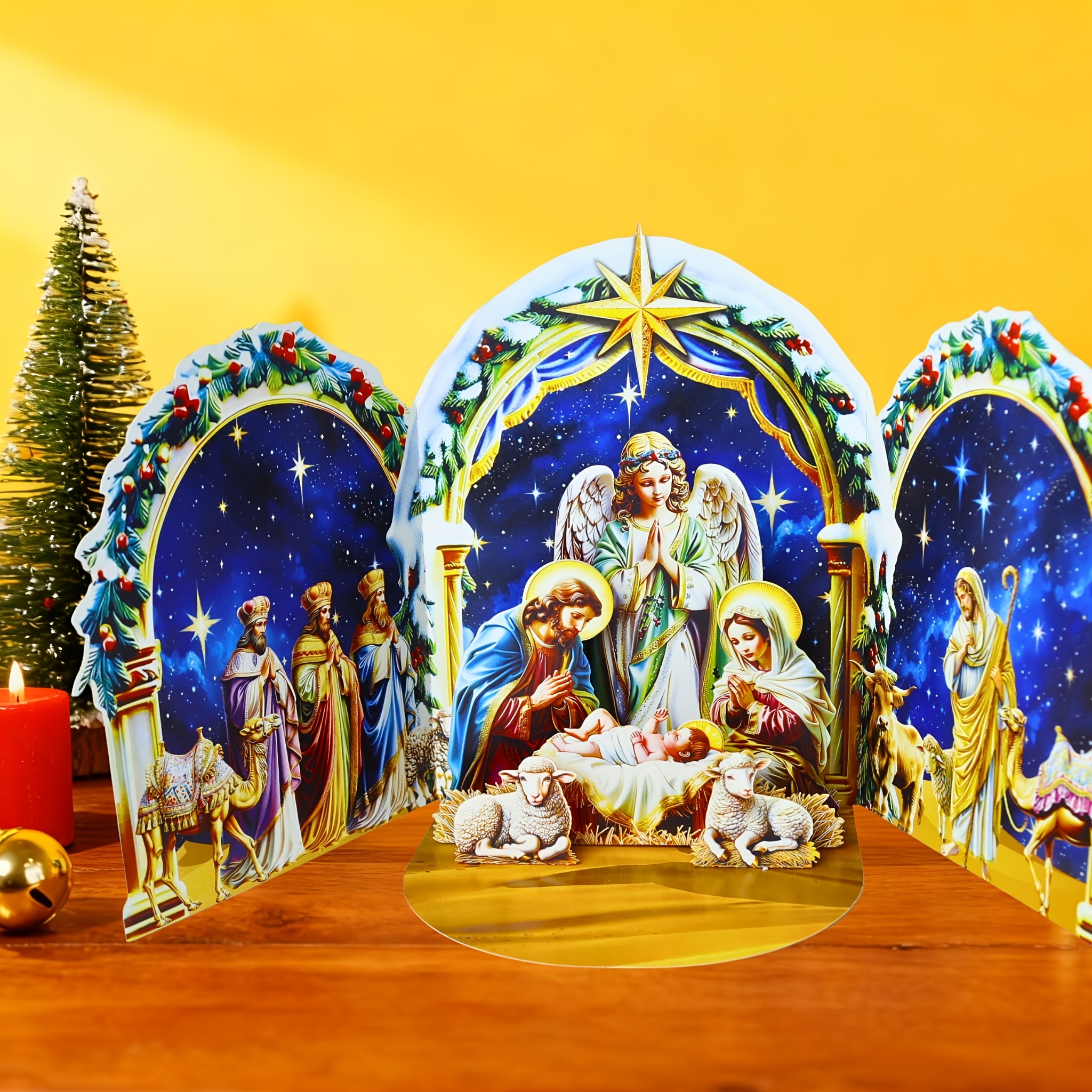 TEMU 1pc 3d Pop-up Nativity Scene Christmas Card With 3d Pop- - Birth Of, Mary, Joseph, Shepherds & Angels - 3d Starry Night & Shepherds Theme For