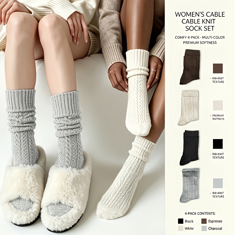 TEMU 4-pair Autumn/winter Japanese-style Versatile Solid Color Embossed Cable Knit Thickened Warm Over-the-knee Socks