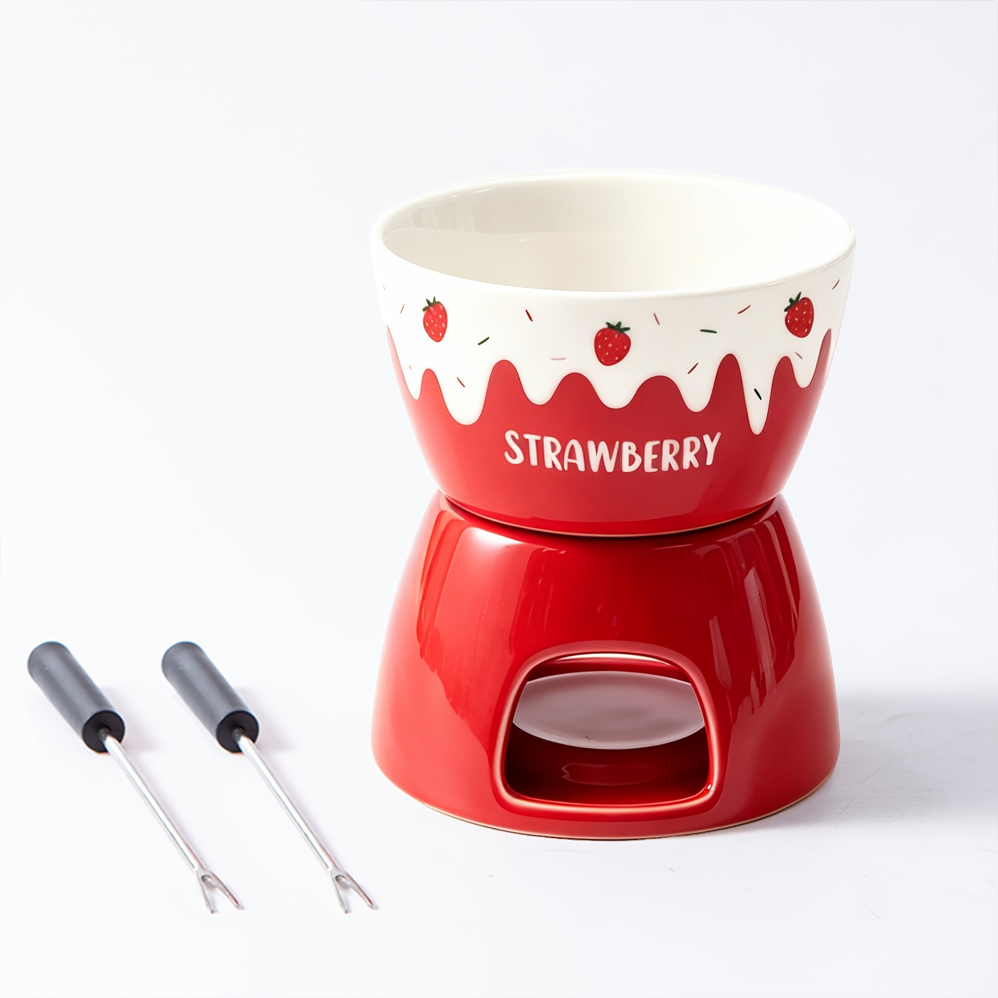 TEMU Set de 1 Fondue à Chocolat en Céramique avec 2 , Joli Motif Imprimé , à le Chocolat, le Fromage et , Appareil à Dessert de Table, Accessoire de