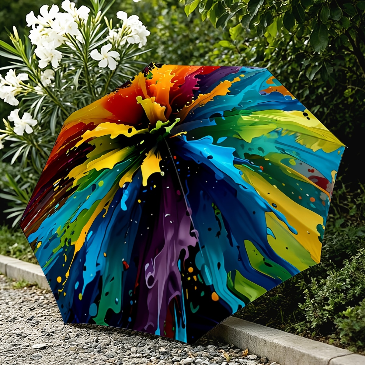 TEMU Splash Print Folding Umbrella, Colorful Abstract Swirl Graffiti Parasol, Windproof Portable Sun Rain Dual Use Umbrella, Vibrant Artistic Printed