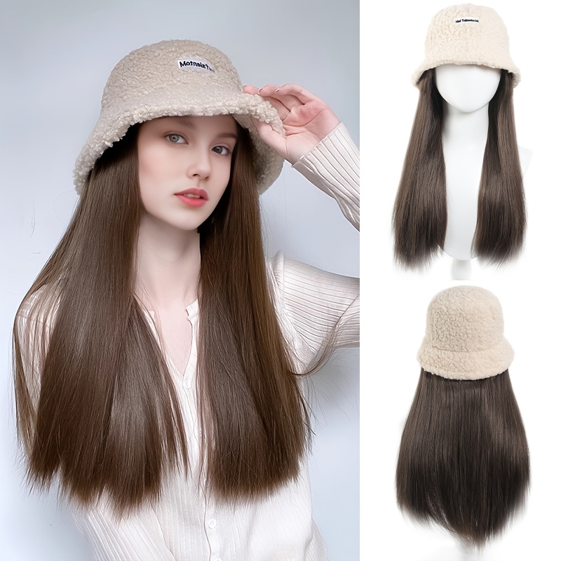 

[1pc Fur Beanie Wig] Women's Fashion Fur Beanie Wig With Long Straight Hair, Synthetic Party Wig, Net Cap, 100% Density, With Winter Autumn Halloween Christmas Gift