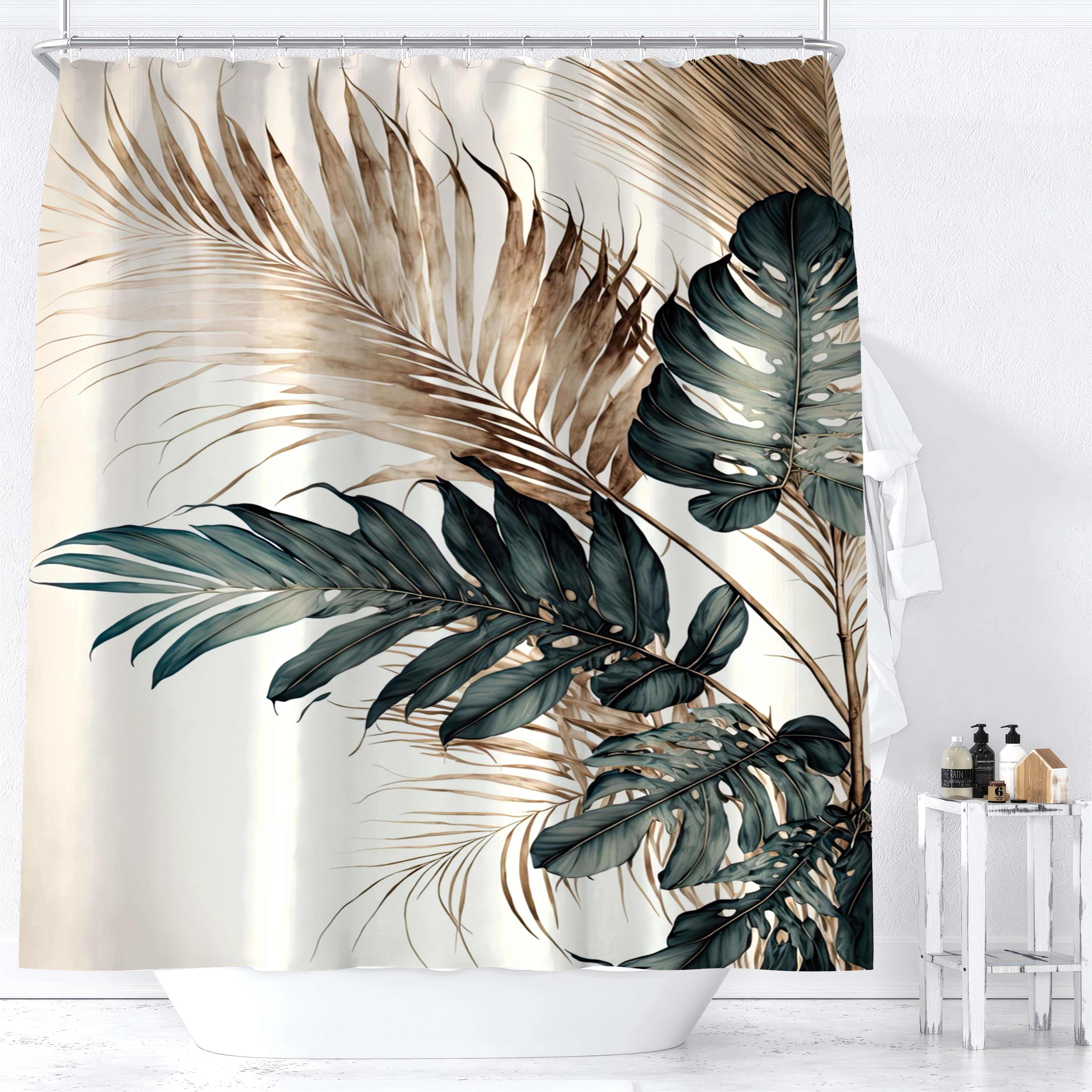 

1 rideau de douche de luxe à imprimé numérique vert et or, décor de salle de bain imperméable avec crochets, rideaux de douche élégants