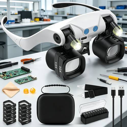 item picture head mounted magnifying glass with light suitable for work with 5 interchangeable lenses 2x 4x 6x 10x 13x and a storage box suitable for watch repair and making model making magnifying glass