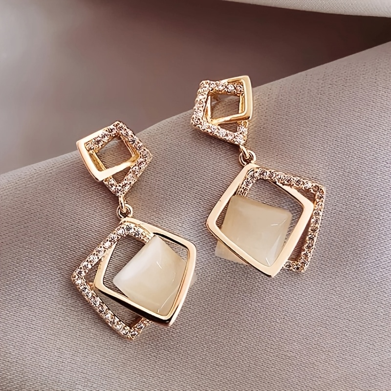 

Elegant Geometric Square Earrings, 925 Silvery For , Alloy With Synthetic Stones