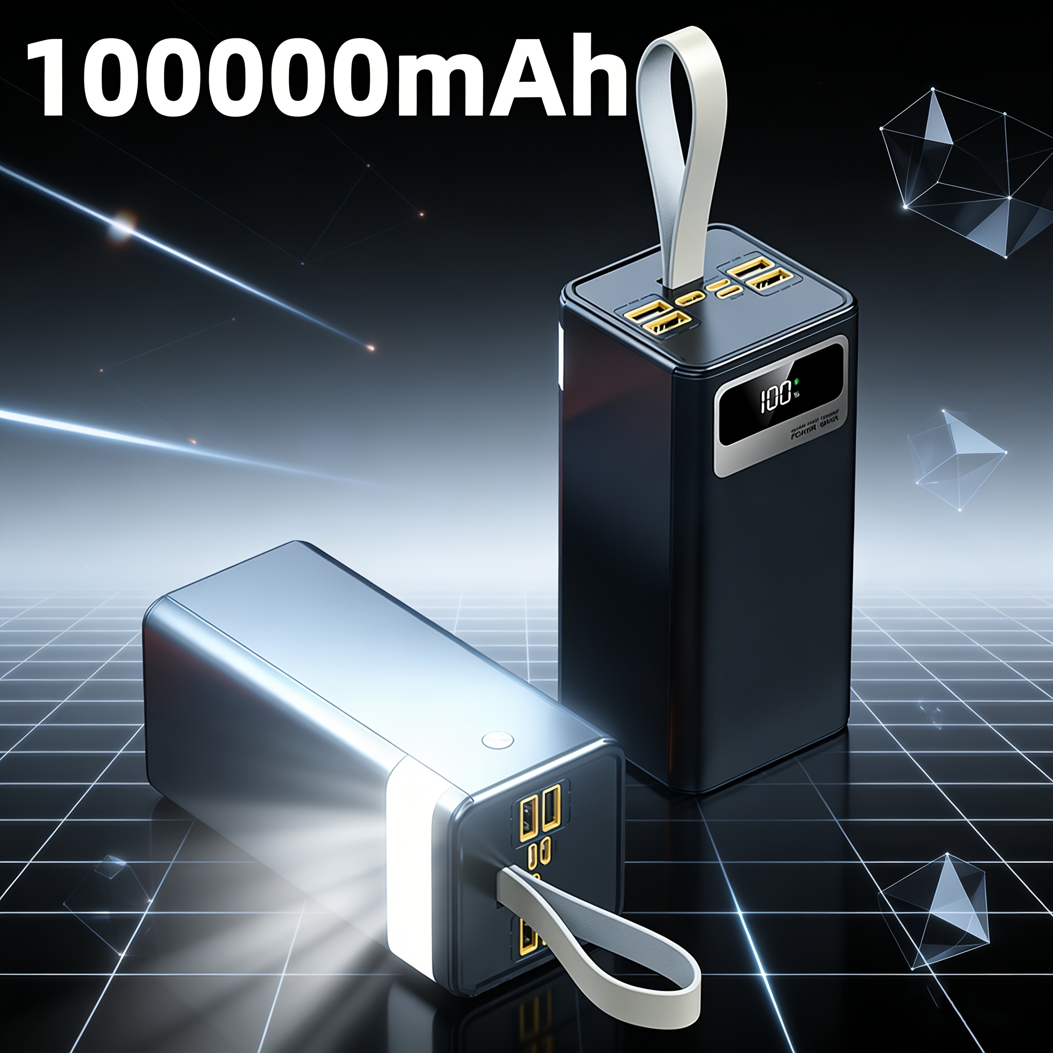 TEMU Batterie Externe Portable 100000mAh Haute Capacité, Charge Rapide USB 45W, Avec Lanière/Affichage LED/Lampe de Camping, Batterie d'Urgence pour