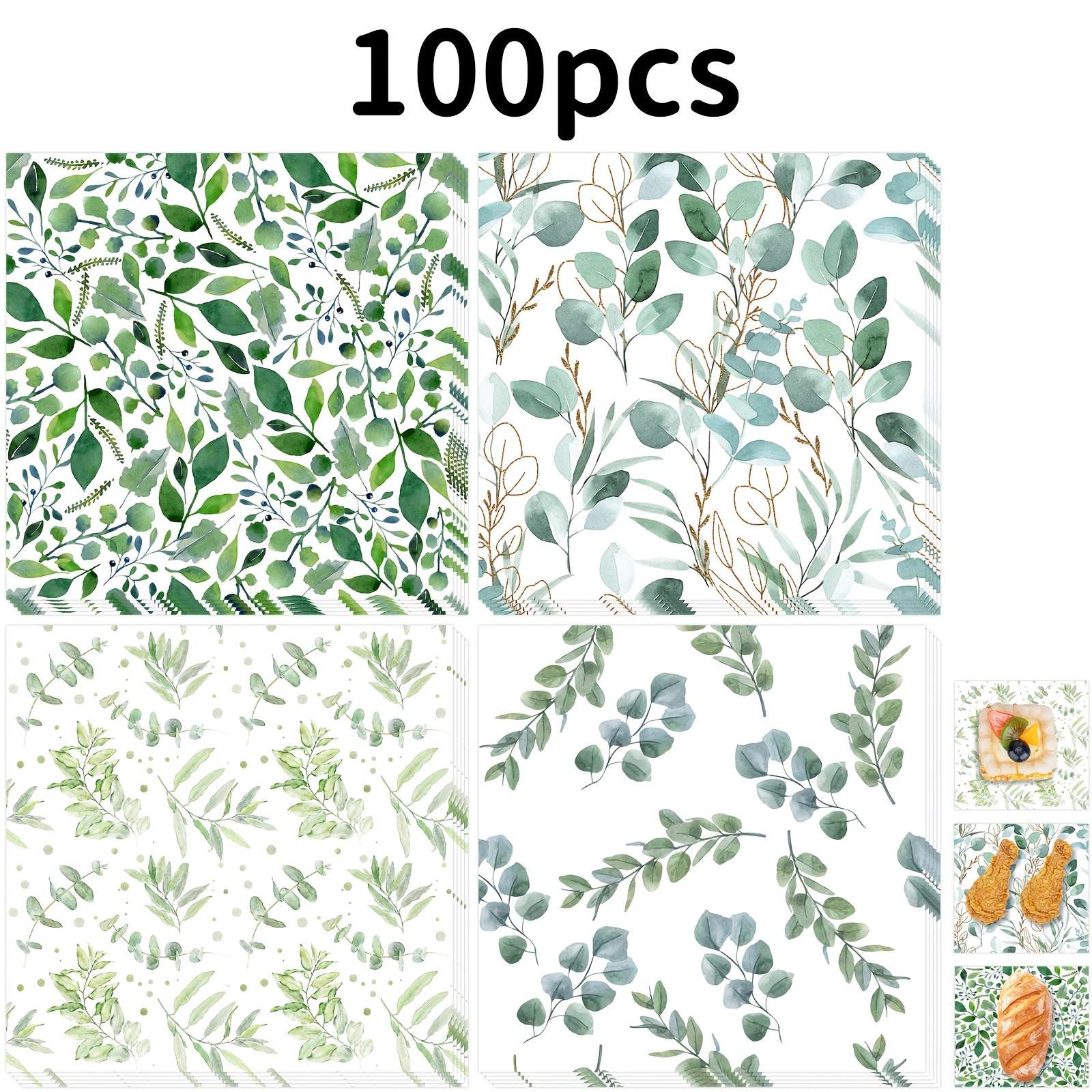 TEMU 100pcs/200pcs Papier de protection anti-huile de feuille d'eucalyptus, 18*18Cm Papier de protection anti-huile pour des mariages, Quatre styles