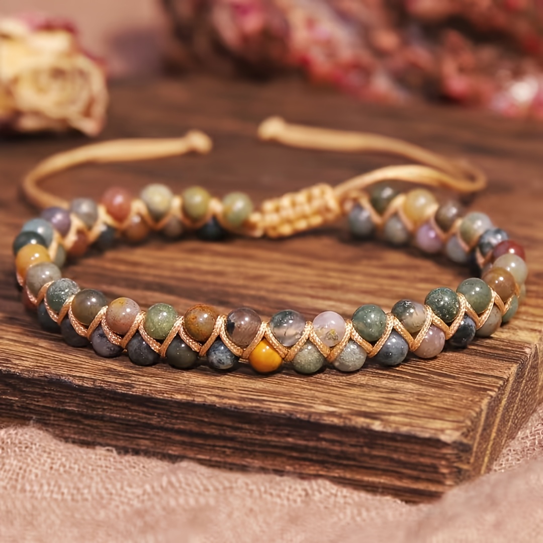 TEMU Pulsera SKYKEY de 1 estilo para mujer, bohemia, con cuentas de piedra natural - Cuentas multicolores de cuarzo indio, cordón de cera ajustable,