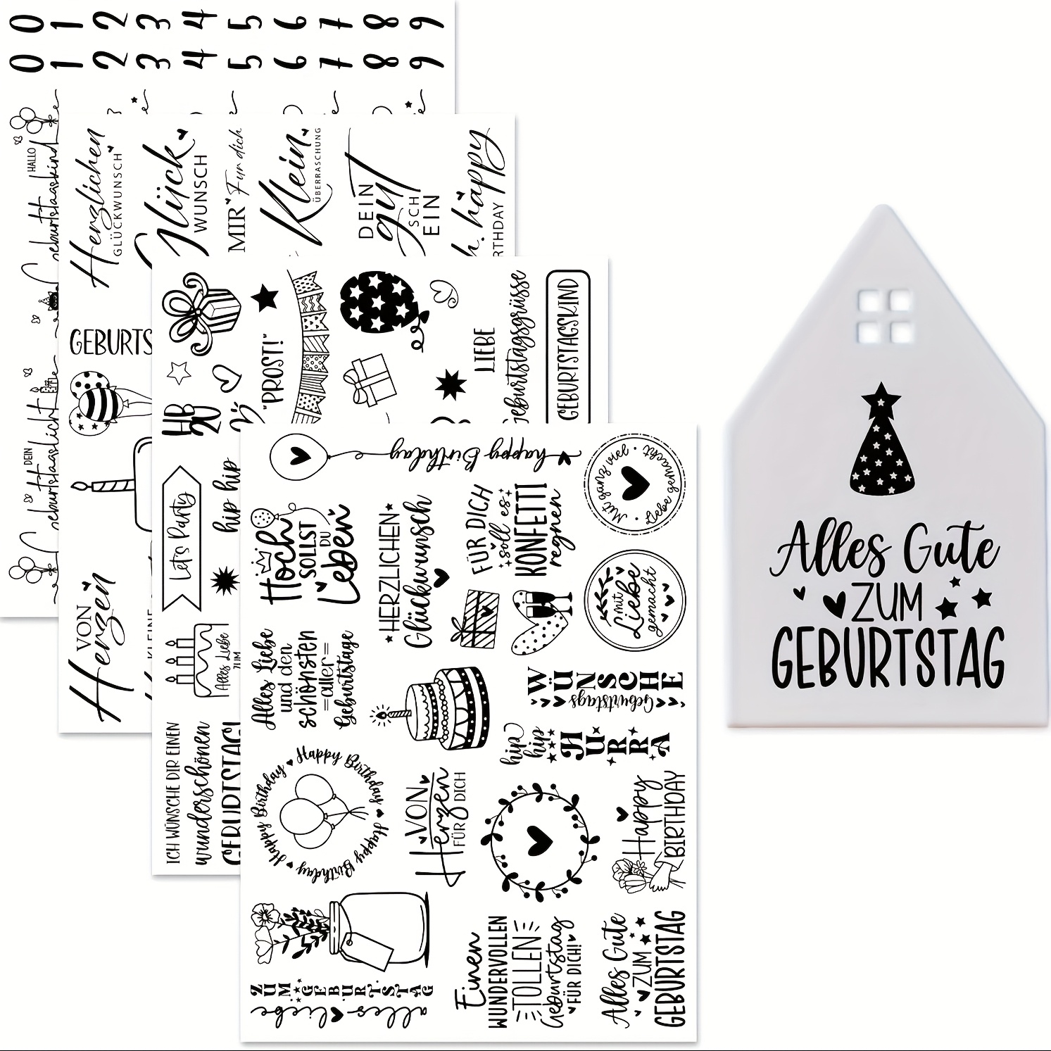 4 Sheets Of German "happy Birthday" Themed Transparent Transfer Paper, Suitable For Furniture, Glass And Wooden Crafts