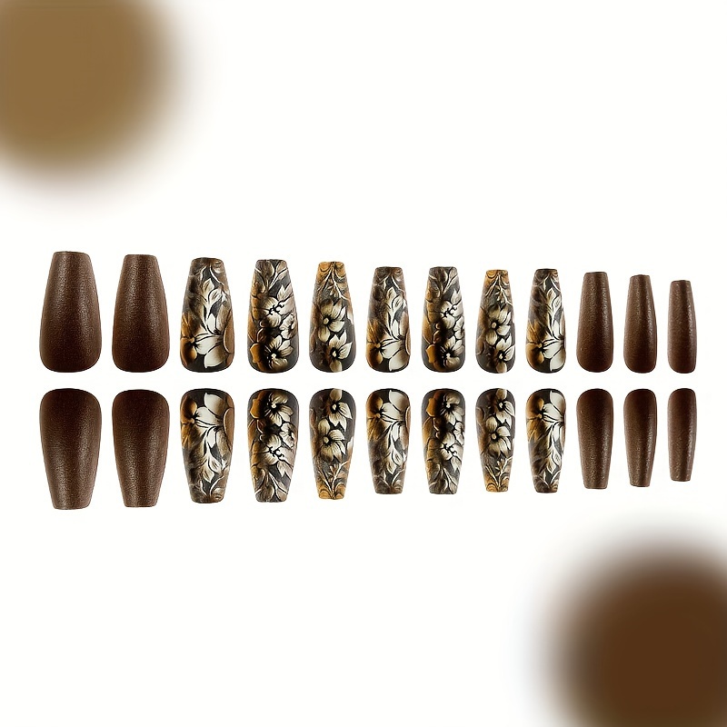 

24pcs Ballerina Press-on Nails Set - Medium Length, Autumn & Winter Warm Tones With Golden Accents And 3d Embossed Flowers, Easy To Apply & Remove