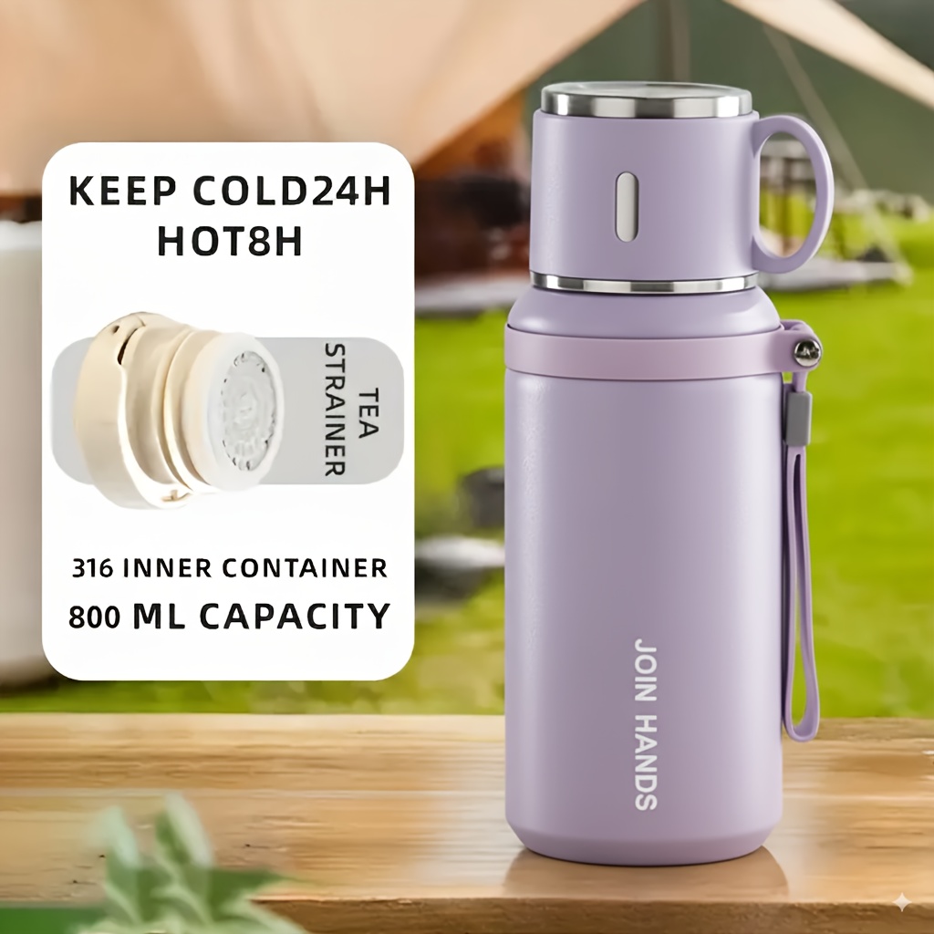 TEMU 800ml Large Capacity Portable Outdoor Camping Hiking Double-layer Steel Insulated Bottle, Water Hot For And Cold For 24 Hours, Used As A Coffee