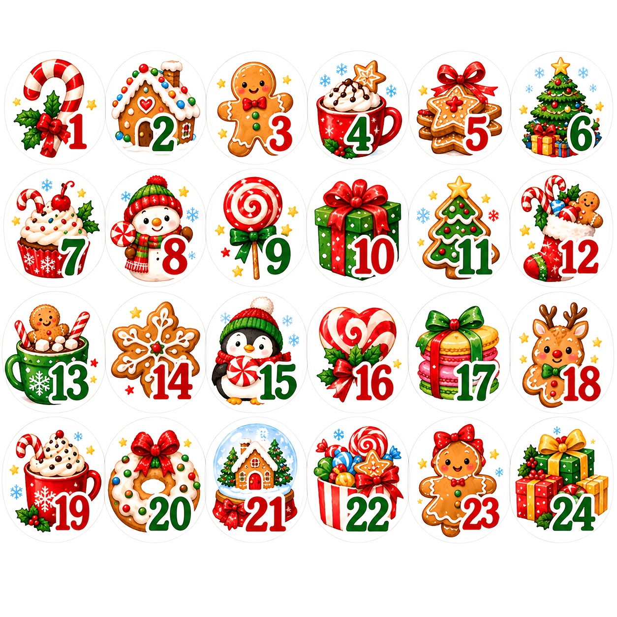 TEMU 2 feuilles de 48 autocollants ronds de comptage de Noël, autocollants de cadeaux de Noël pour cupcakes, beignets, sucettes, pain d'épices,