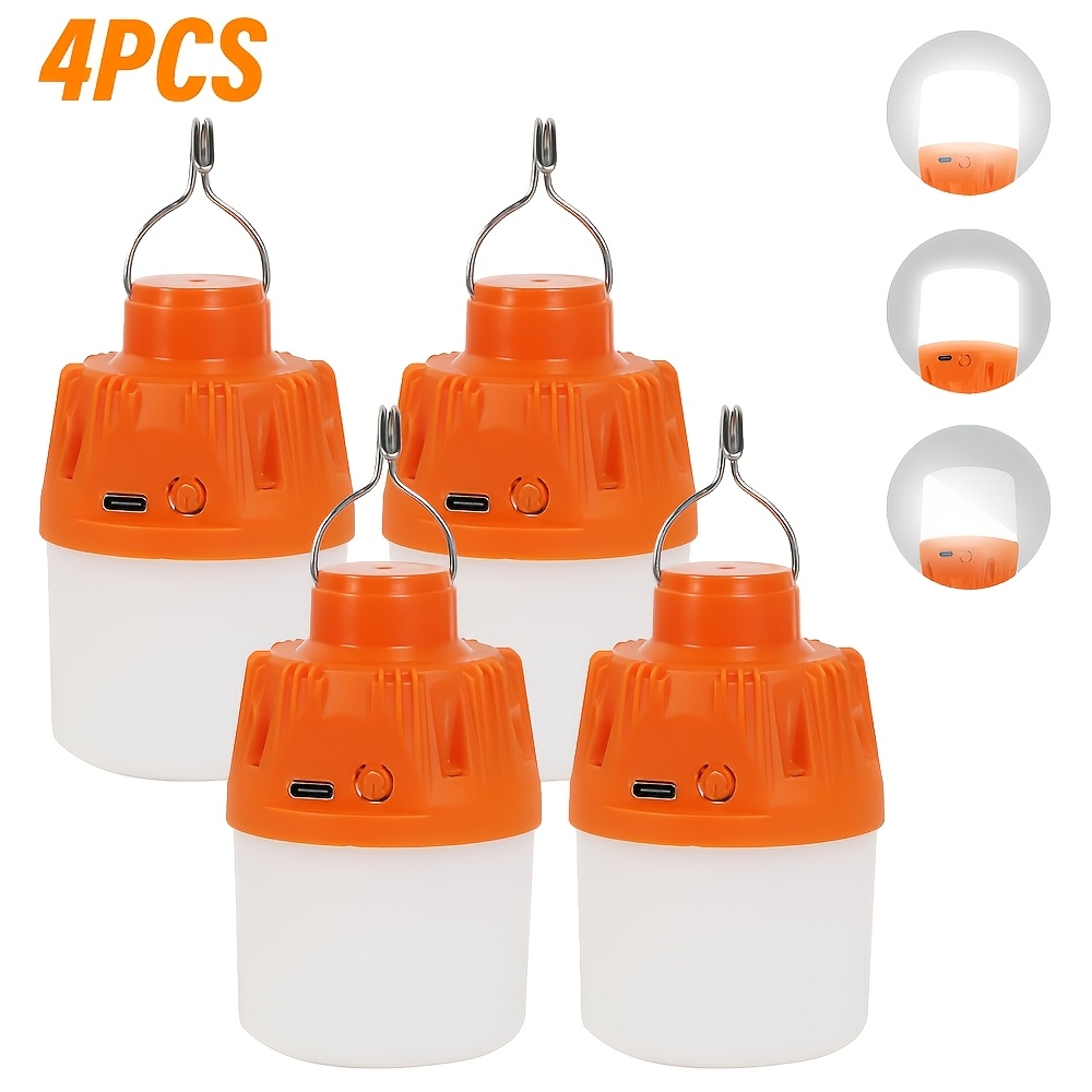 Lihangstar 4pcs Usb Charging Camping Bulb, Orange And White Optional, With Hook, Three-speed Dimmable Portable Tent Light, Outdoor Camping Emergency Led Light