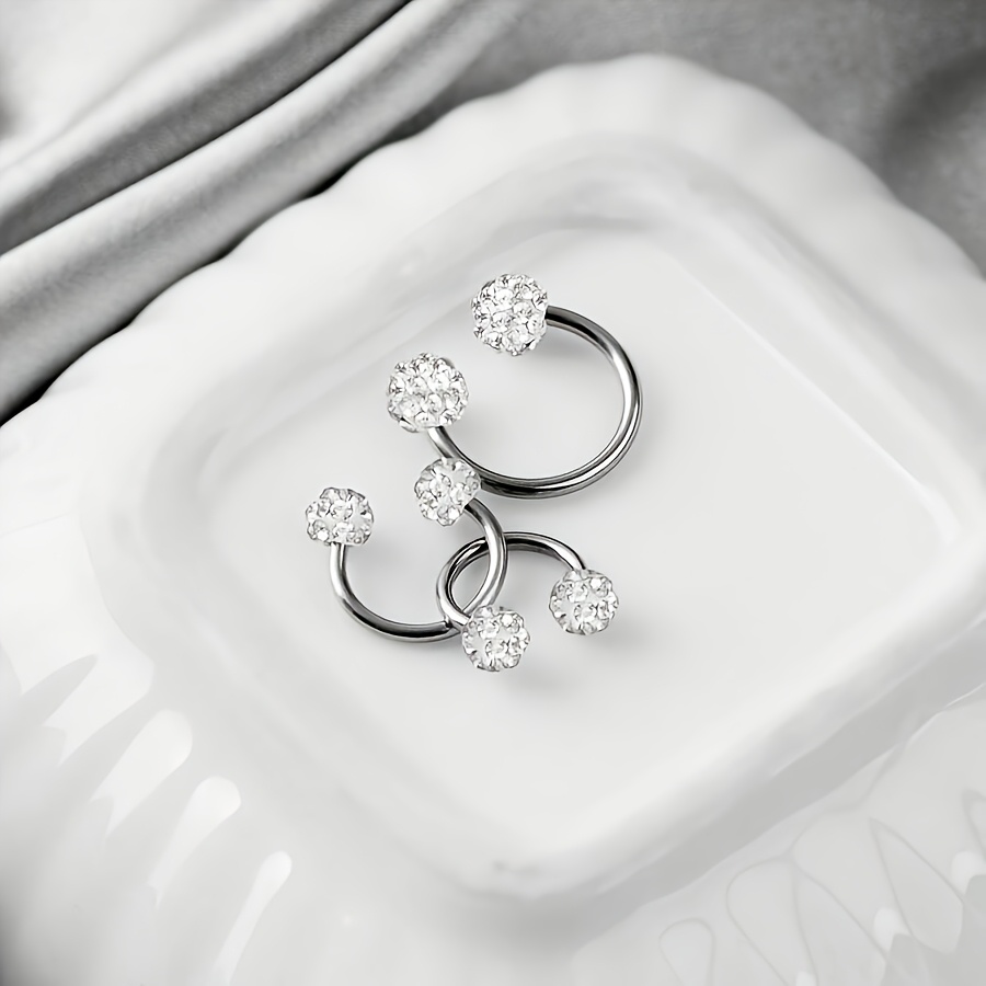 TEMU 3pcs Set Of Exquisite And Shiny Women's Earrings And Nose Ring Set - 3 Different Sizes Of Synthetic Synthetic Zirconia Ball Earrings, Inlaid