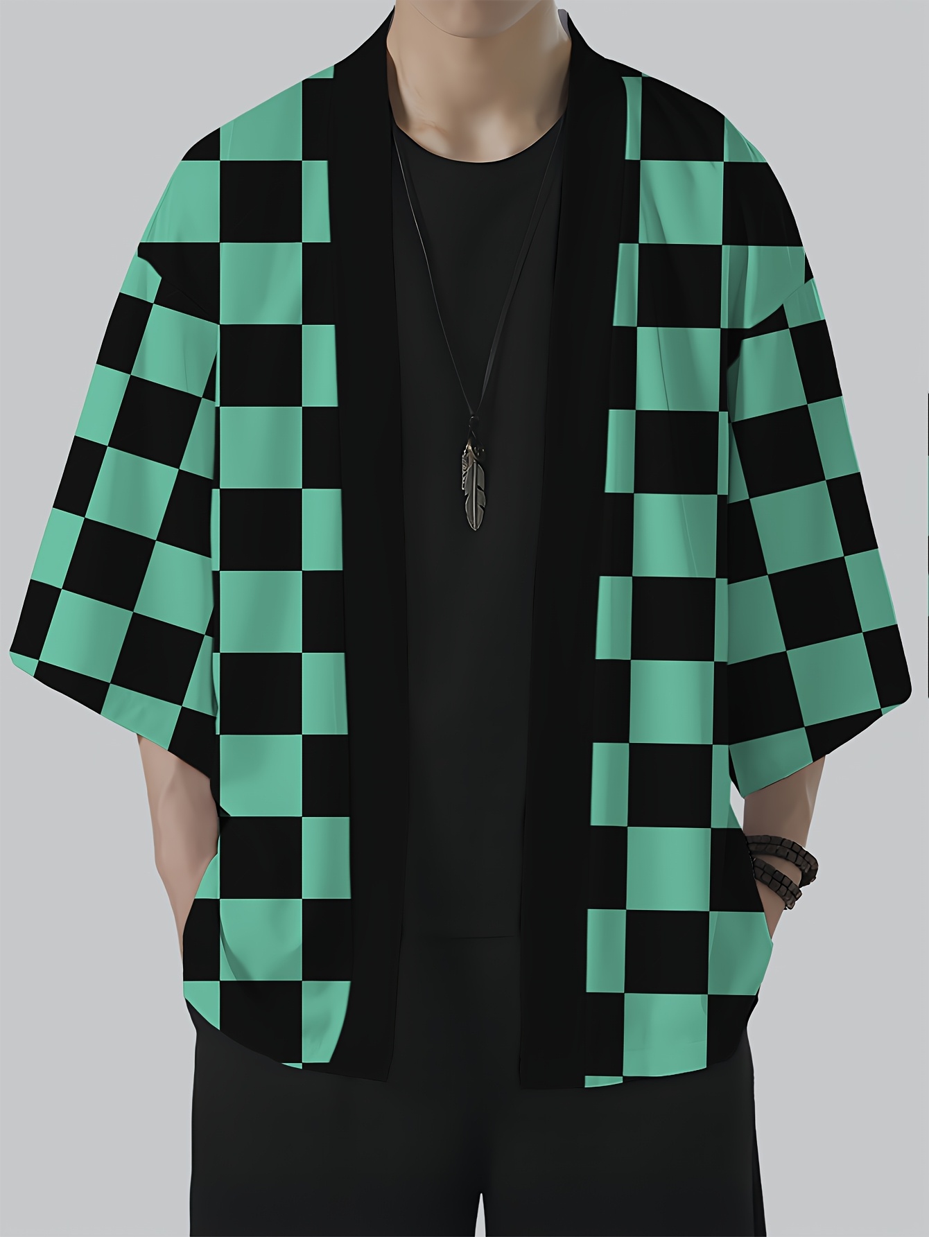 mens japanese kimono style shirt with black green checkered print lightweight summer costume for cosplay themed parties casual attire traditional japanese streetwear clothing festival attire relaxed fit comfortable material print   cosplay enthusiasts mineral green 0