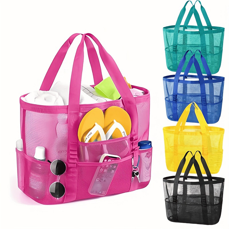   large   mesh beach tote bag with 9 pockets foldable portable shoulder bag large capacity multi pocket storage for beach swimming gym travel vacation school bathroom grocery   family beach bag