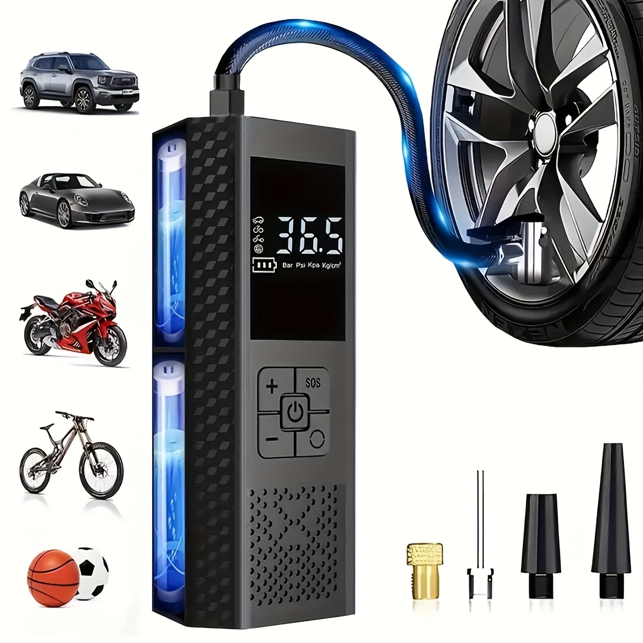 Portable Air Compressor with Tire Pressure Gauge, 150PSI Car Tire Pump, LED Display, 3x Quick One-Touch Smart Cordless Inflator for Cars, Motorcycles, Bicycles