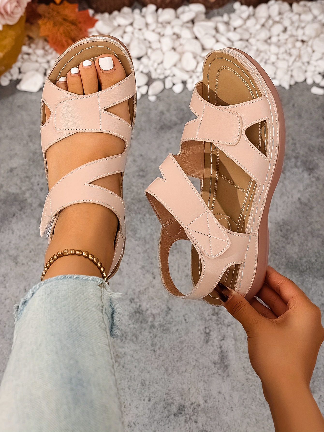 ladies summer lightweight sandals stylish and simple flat shoes solid color large size adjustable magic strap handmade shoes adjustable comfortable   toe womens sandals Product details 14