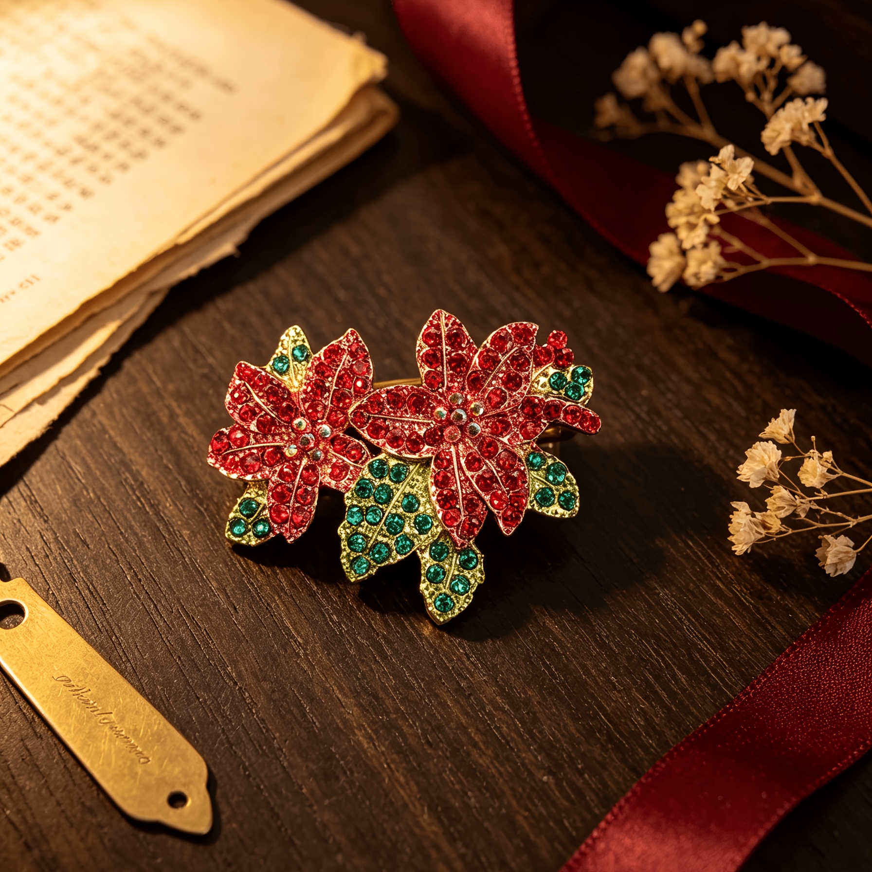 TEMU 1 Vintage Red And Green Full-diamond Peony Brooch, A Double-layer Red Flower And Green Leaf Colored Diamond Pin, Coat And Cheongsam Dress Luxury