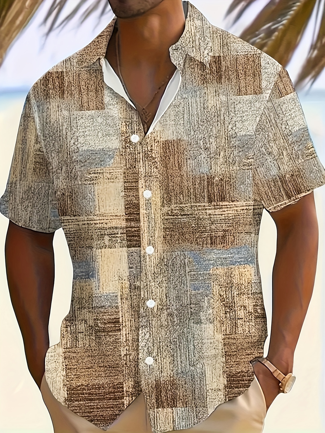 Men's Vintage Fuzzy Plaid Pattern Print Short Sleeve Lapel Shirt Top, Male Casual Button Up Shirt for Daily And Vacation Resorts