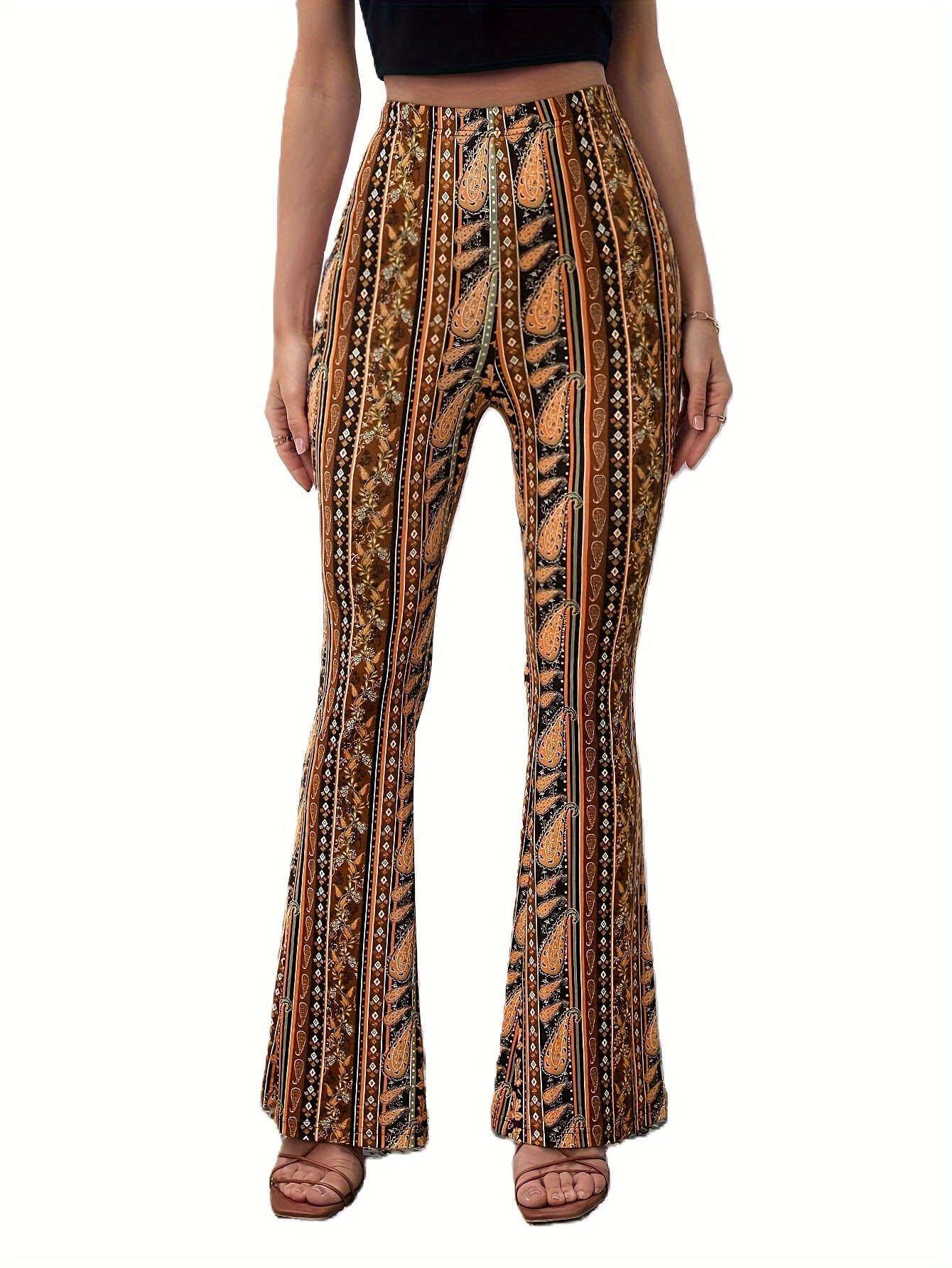Tribal Print Flare Leg Pants, Casual High Waist Forbidden Pants For Spring  & Fall, Women's Clothing