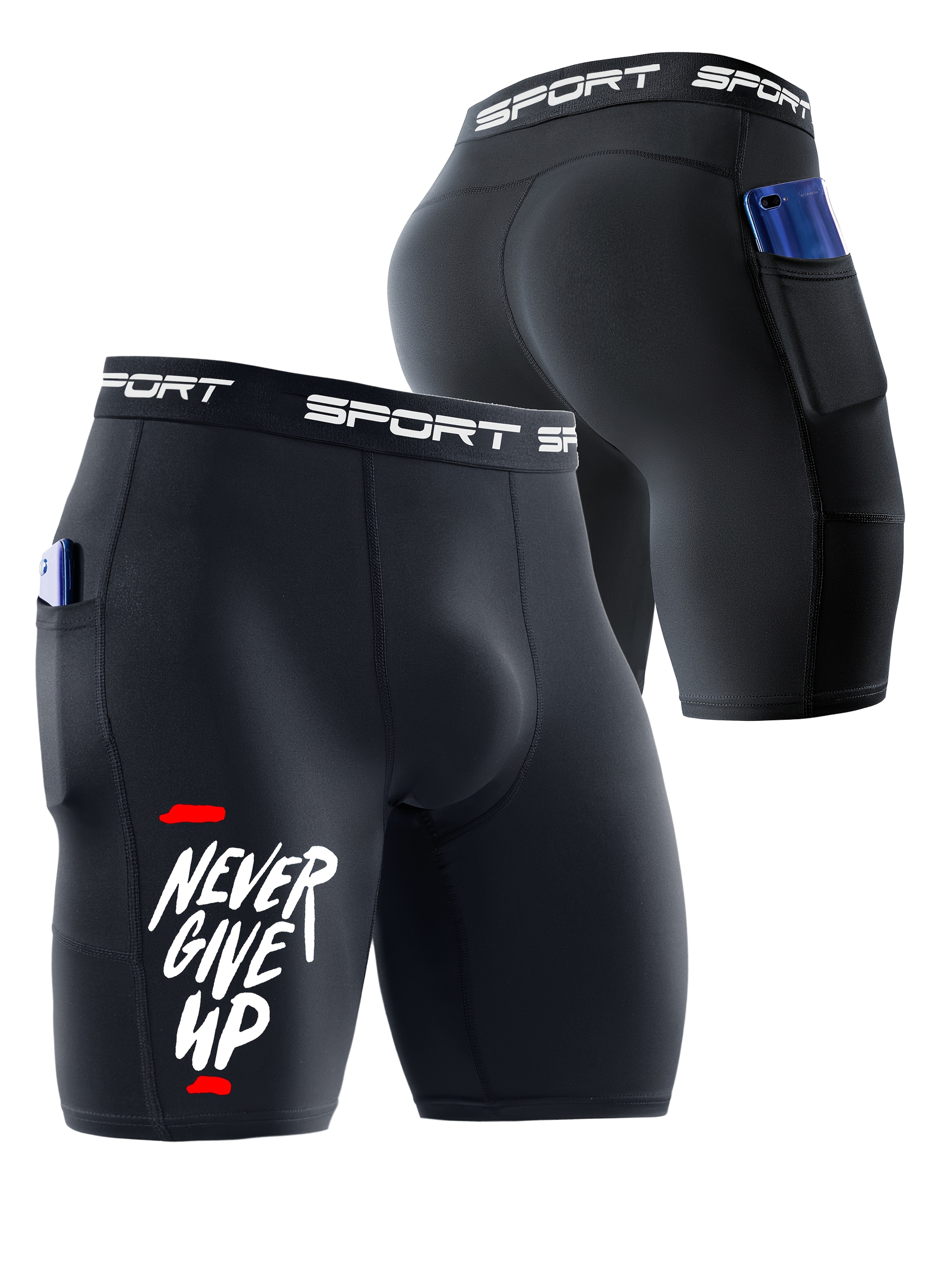 *'S &*;NEVER GIVE UP&*; Pocket Shorts High-Stretch Compression Tights  for Fitness, Running, Basketball Training, Black with White Lettering