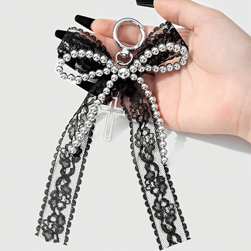 Image of Cute 1pc Gothic Style Handmade Beaded Silvery, Black Lace Mesh Bow, Hollow Cross Pendant Keychain Bag Charm, Suitable For Women/ Daily Wear, Holiday Gift Valentine's Day Gift