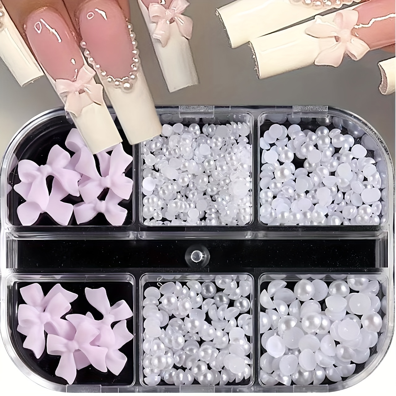 

Elegant Nail Art Kit: 6-compartment Box With White Half-pearl Beads & Pink Bow Resin Charms - Odorless, Perfect For Diy Manicures