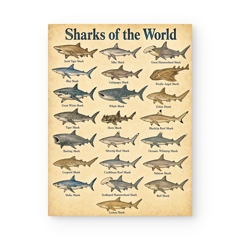 TEMU 2d Flat, Posters And Prints, Sharks Of The World Vintage Chart Canvas Print, Vintage Parchment Marine Shark Identification Wall Art, Ocean
