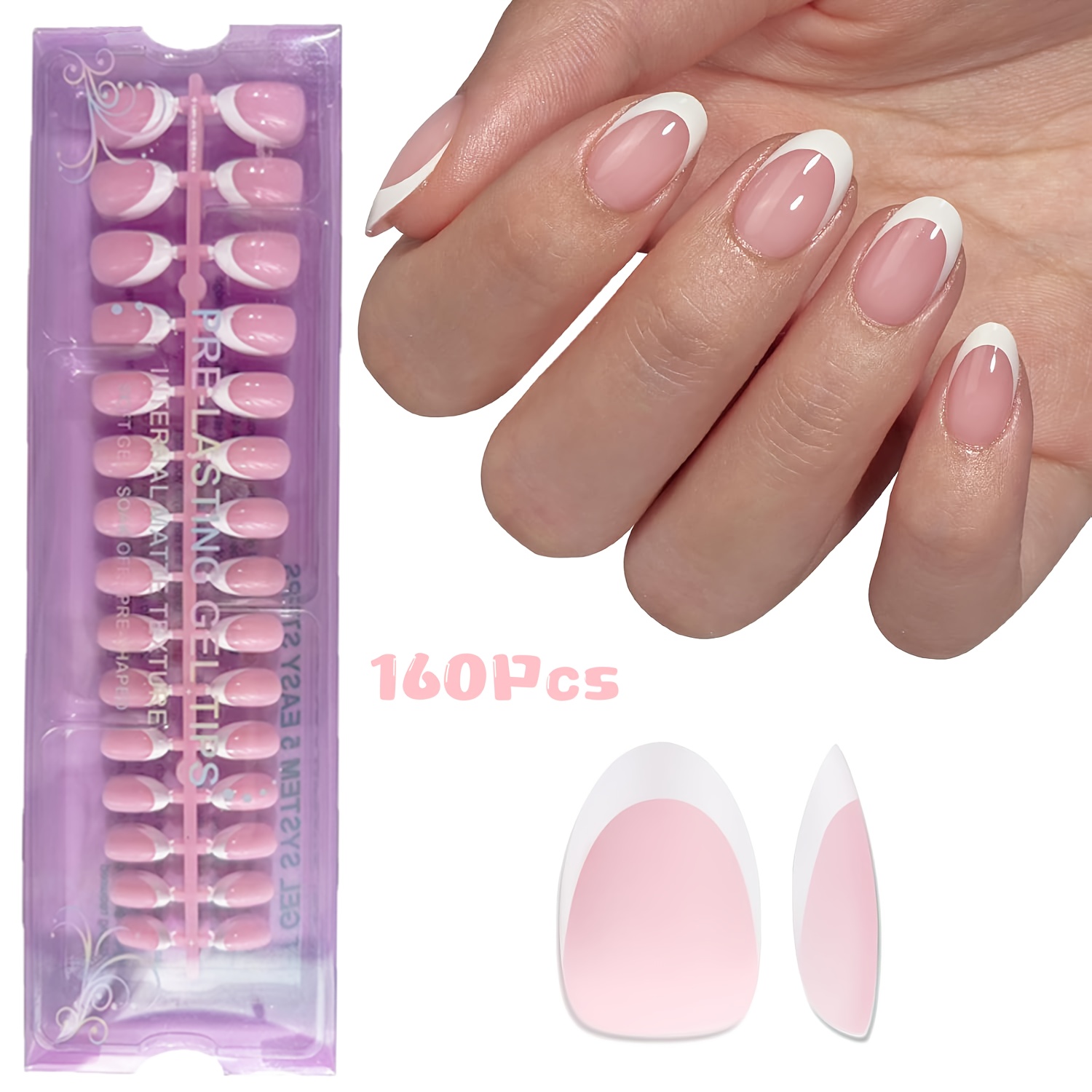 TEMU 160pcs Short Oval Press-on Fake Nails, Pink/brown French Soft Gel Nail Tips, 16 Sizes & 2 Colors, Colorful French Tips, Diy Options, Full