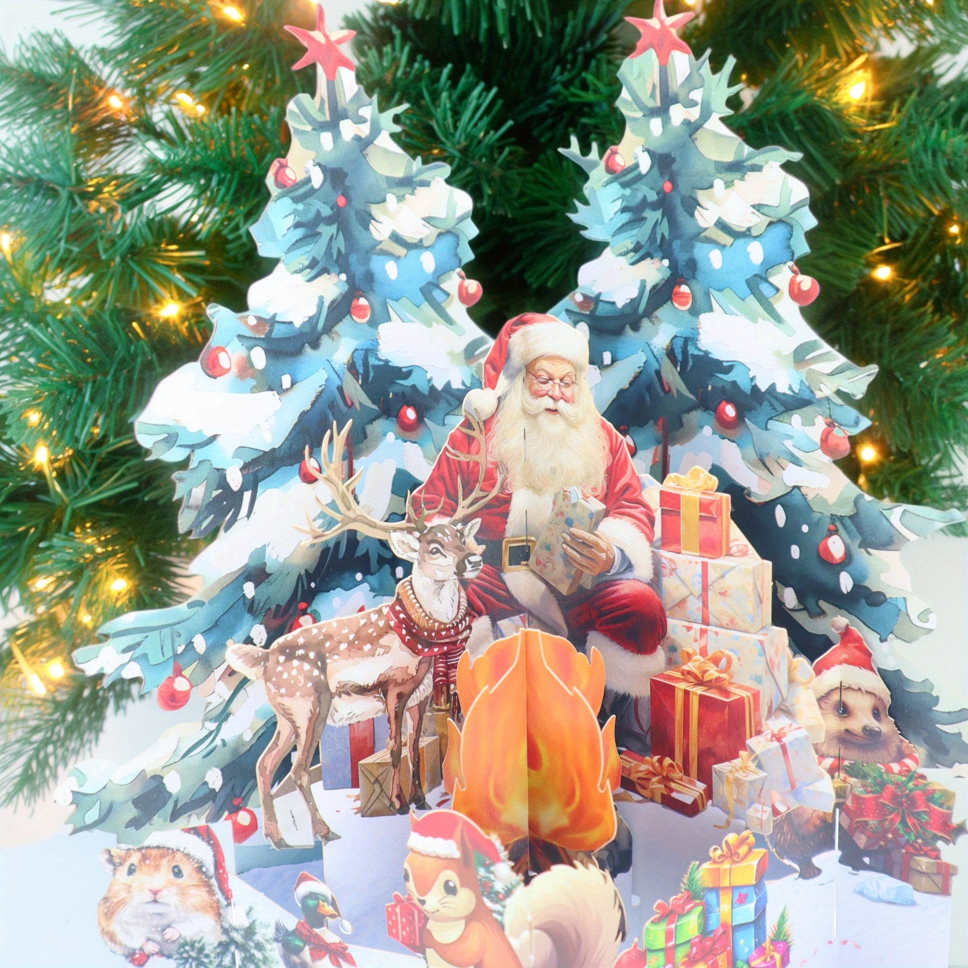 Image of 3d Pop-up Christmas Card - A Festive Scene With A Small Bonfire, Santa Claus, Reindeer, Christmas Tree, And Squirrels - Groundhogs - Hedgehogs - A Holiday Greeting Card For